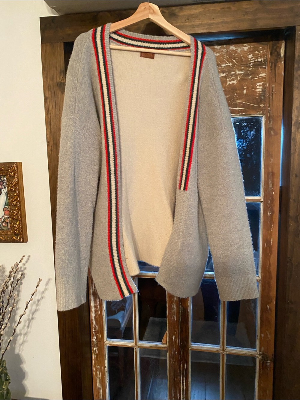 Gray Open-Front Cardigan Sweater with Stripe Trim
